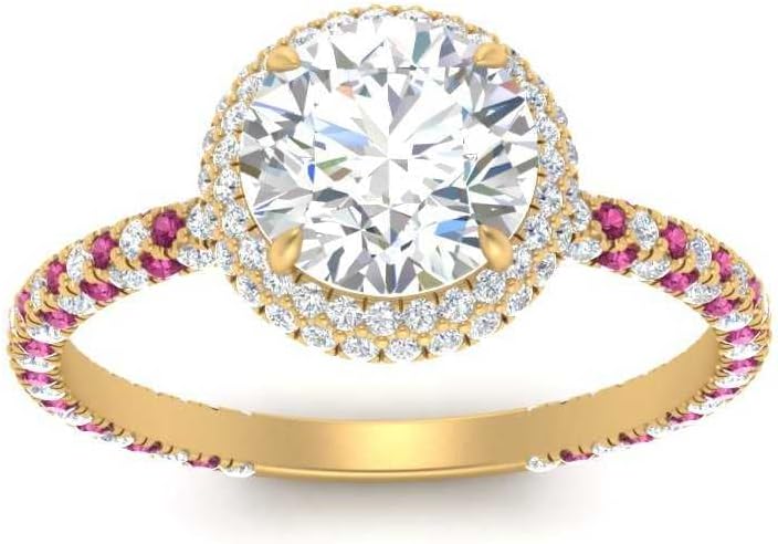 Choose Your Gemstone Round Double Halo French Pave Ring Yellow Gold Plated Round Shape Double Halo Engagement Ring Minimal Modern Design Birthday Gift Wedding Gift US Size 4 to 12