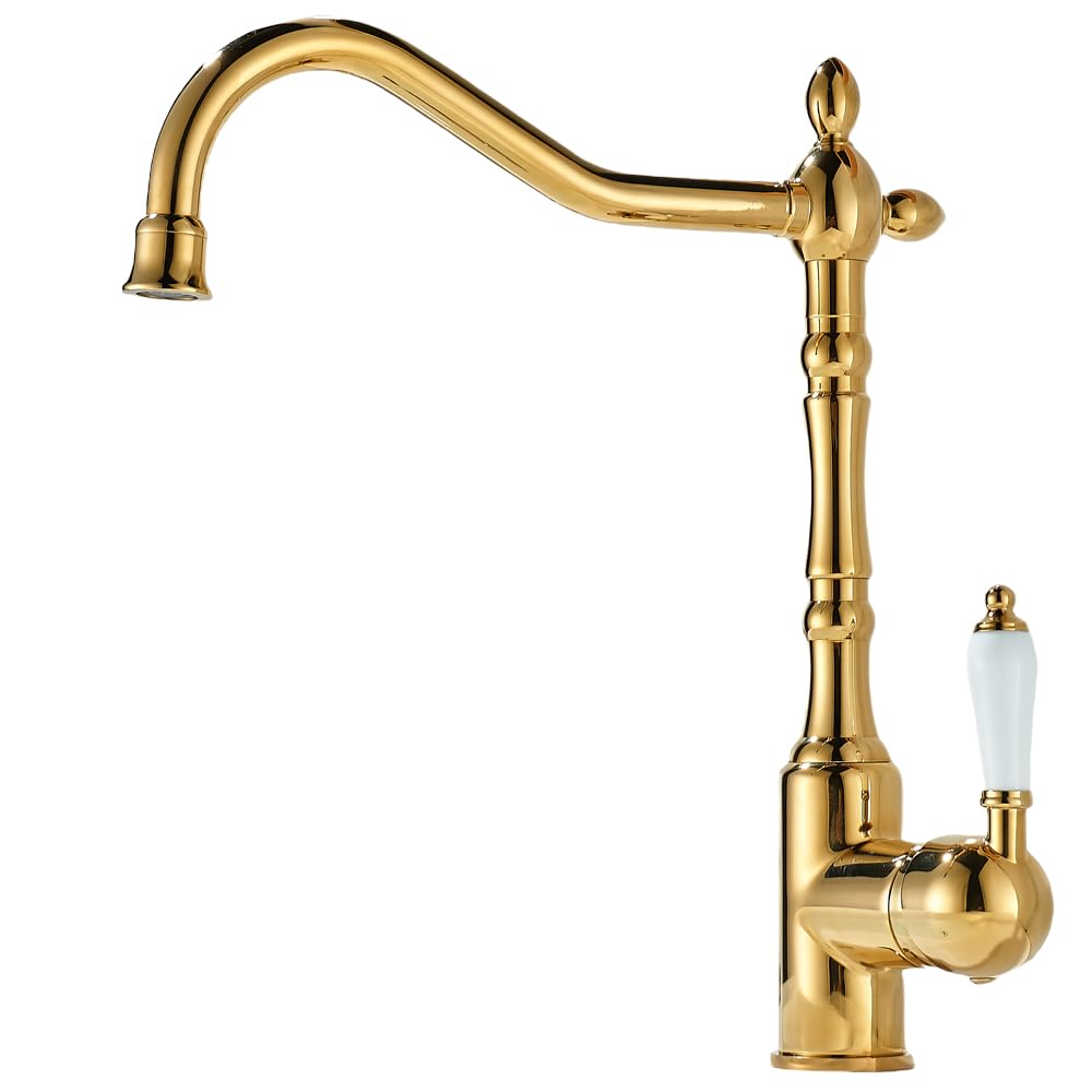 WIQUYBML Bathroom Sink Basin Tap Ceramic Single Handle 360° Rotable Spout Deck Mounted Mixer Antique Brass,Vintage Swan Monobloc Kitchen 1 Hole One Taps Titanium Gold