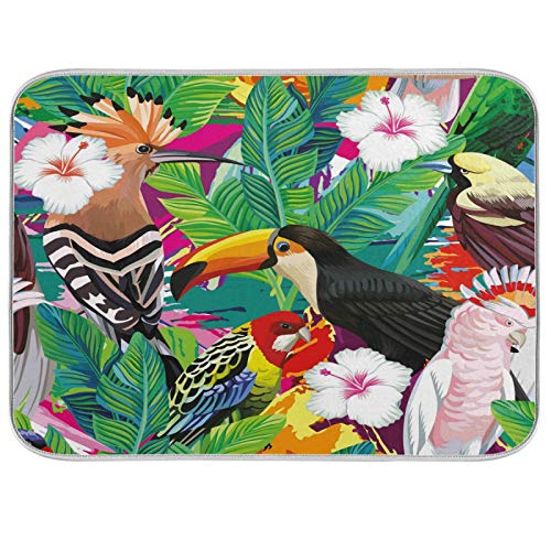 Image of Quick Drying Mat Microfibre Drying Pad Tropical Palm Leaves Toucan Parrot Washable Counter-top Mat Kitchen Draining Board Mats for Dishes Glass, 18x24 in