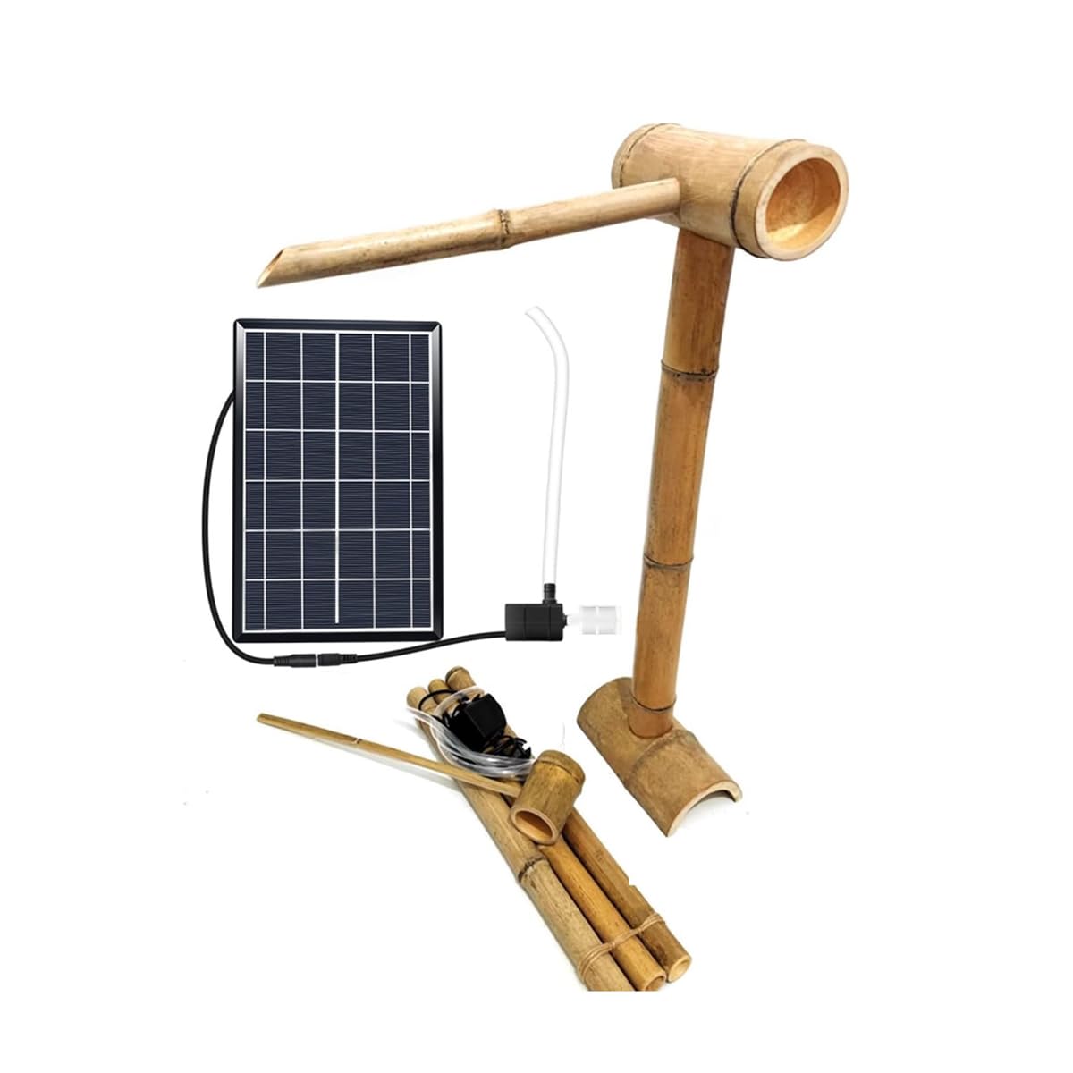 asdchZen 19.6'' Bamboo Solar Fountain With Pump, Feng Shui Zen Water Fountain With Bamboo Raft & Bamboo Ladles, Garden Decor For Indoor Outdoor Backyard Lawn