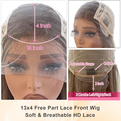 Image of Ombre Brown with Ash Blonde Highlight Lace Front Wig Human Hair for White Women 22 Inch Brazilian Real Remy Hair Ready to Go Glueless Wigs 13x4 Lace Frontal Pre Plucked Bleached Knots
