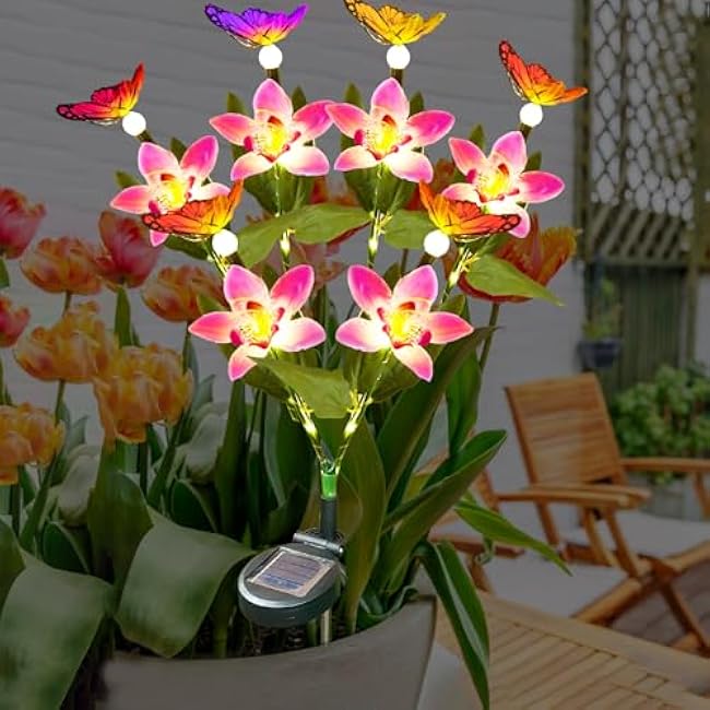 Solar Garden Lights, 1 Pack Solar Flower Lights Outdoor Waterproof with 6 Swaying Butterfly, Outdoor Decoration for Yard Patio Lawn Pathway, Gift for Family and Friends