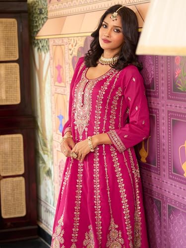 Image of INDO ERA Women's Anarkali Chinon Ethnic Motifs Embroidered Kurta & Palazzo with Dupatta Set (IEOUT10822)