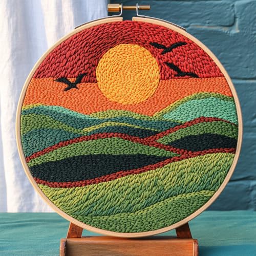 Image of DIY Punch Needle Kits Landscape Sunrise with Hoop 20x20cm-5 | with Pattern Stamped Easy for Beginners Embroidery Punch Needle Starter Craft Set for Adults Festival Gift and Decoration