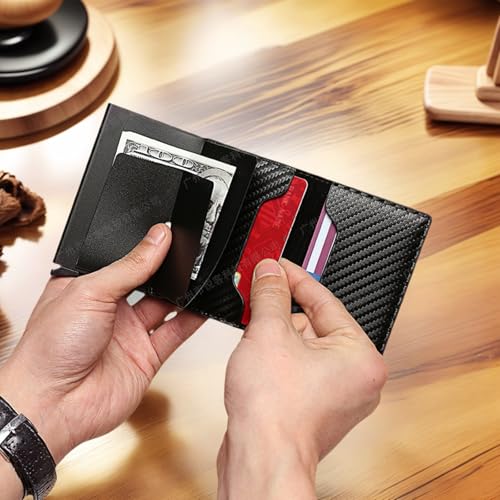 Mens Minimalist Wallet - Carbon Fiber Slim Design with Pop-Up Card Access & Cash Slot Black2