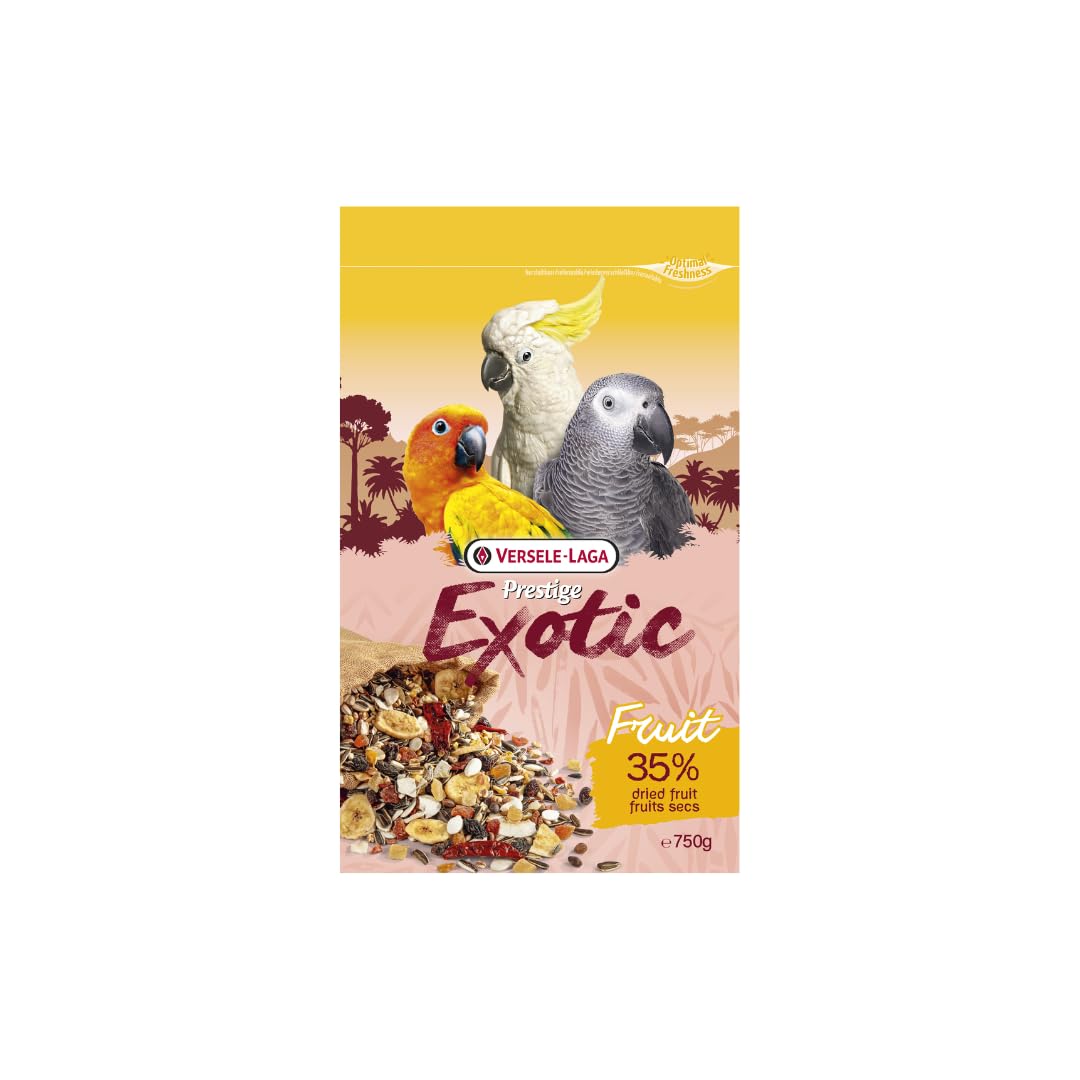Versele-Laga Prestige Exotic Parrots Fruit | 750 g | Mangime complementare per pappagalli | A base di semi, cereali e frutta | Contiene papaya, banana, ananas e albicocche