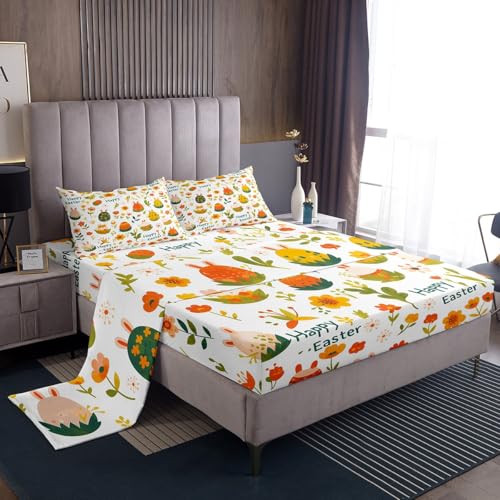 Erosebridal Happy Easter King Size Fitted Sheet, Kids Easter Eggs Floral Bed Sheets Cartoon Flowers Rustic Farmhouse Bed Sheets Easter Decorations for Girls Teens Adult Women Room Home