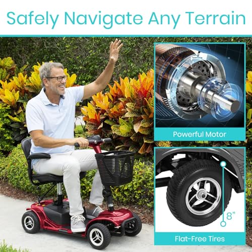 Vive 4 Wheel Mobility Scooter - Electric Powered Wheelchair Device - Compact Heavy Duty Mobile for Travel, Adults, Elderly - Long Range Power Extended Battery with Charger & Basket