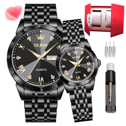 Image of OLEVS Analog Couple Watch Night Light Waterproof Stainless Steel Quartz Watch Men's and Women's Calendar Date Window Leisure Wedding Romantic Double Watch