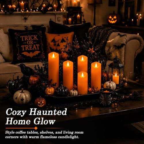 Image of Homemory Orange Halloween Flameless Candles, Remote Timer, 9 Pack | Battery operated LED pillar candles, remote timer, Halloween candles, fall decor, harvest, Thanksgiving, mantel, lanterns