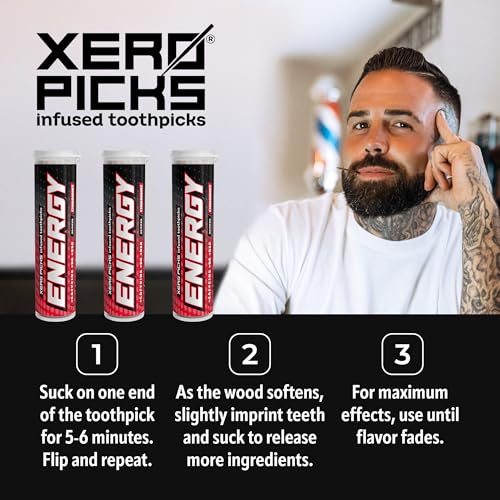 Image of Xero Picks Energy Caffeine Flavored Toothpicks B12 for focus & B6, 60 Picks (Pack of 3) (Hot Cinnamon) Sugar-Free Alternative to Energy Mints & Gum - Kosher
