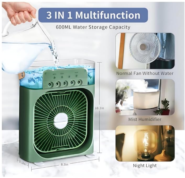 Portable Mini Air Cooler Fan with Mist Humidifier, 3-in-1 Multifunction, 600ml Water Tank, 3 Speed Modes, Night Light, USB Powered 2