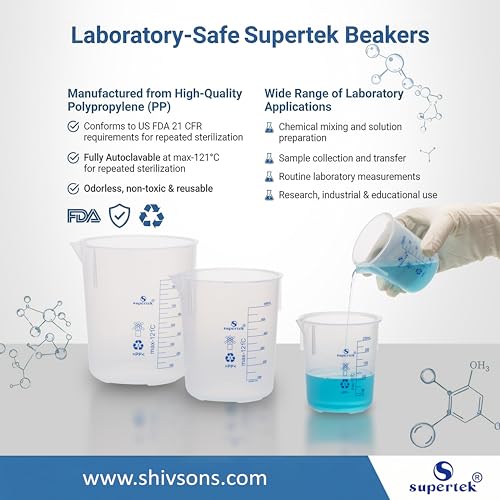 Image of Supertek Reusable Measuring Beakers 50ml, 100ml, 250ml, 500ml, 1000ml - Set of 5 | Transparent Polypropylene Plastic Measuring Cup for Lab Experiments, Kitchen & Cooking | Liquid & Solid Measurement