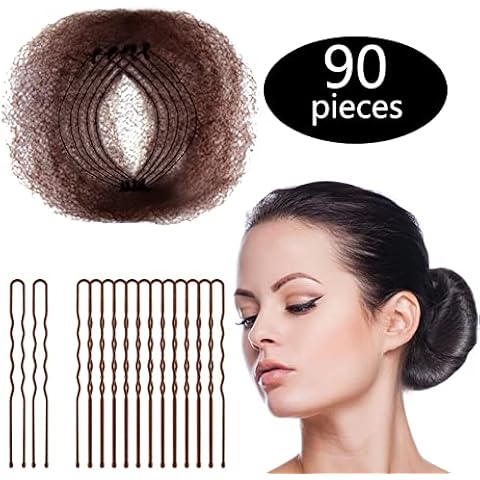 Zonon Bun Hair Nets 50Pcs, Invisible Elastic Edge Mesh, Individual Package, Brown & U Shaped Pins 40Pcs for Ballet Bun, Sleeping, Women and Wig Cover