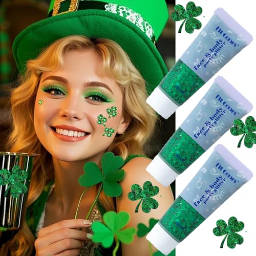 Face Body Glitter Hair Glitter Sparkles Chunky St Patricks Day Face Glitter Makeup Green Face Paint Holographic Chunky Sequins Glitters for Eye Lip Hair Nails Festival Rave Accessories (3pc Green)