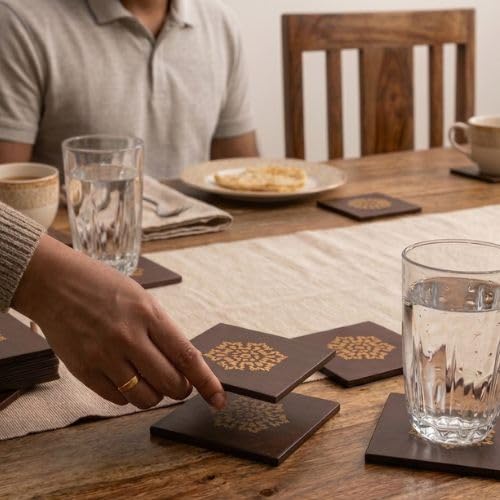 Image of Wooden Tea Coaster Square Shape-Set of 6 with Free Spoon Handcrafted Premium Hard Wood,Durable Coasters for Drinks Heat & Water Resistant,Coffee,Office Desk Home Decor Gift Item Golden Design