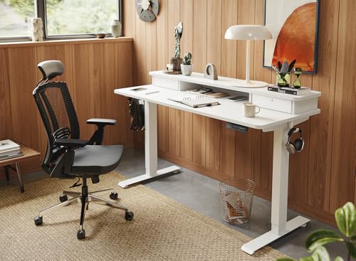 Image of FEZIBO 55 x 24 Inch Height Adjustable Electric Standing Desk with Double Drawer, Computer Desk, Home Office Stand Up Table with 4 Height-Adjustable Feets & 2 Hooks, White