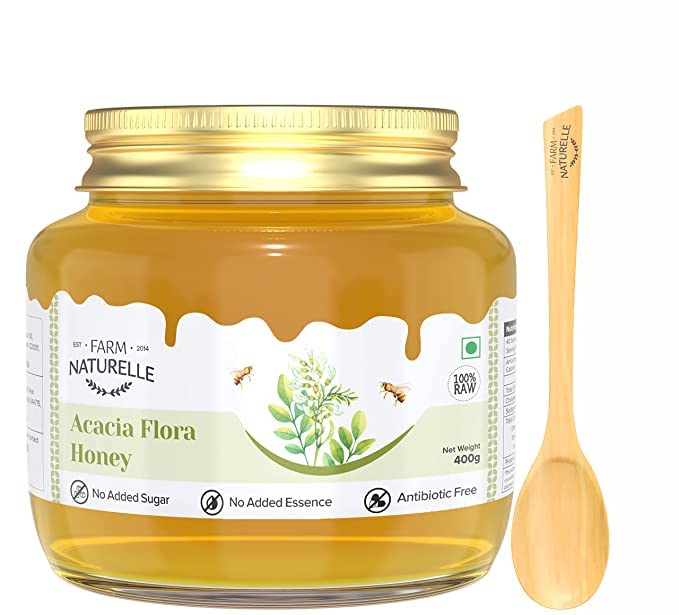 Image of Farm Naturelle Acacia Flora Wild Honey 400g |100% Pure Honey | Raw & Unfiltered|Unprocessed|Lab Tested Honey In Glass Jar with Engraved Virgin Wooden Spoon