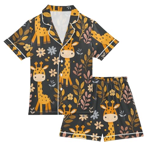 ALAZA Giraffe Flower Floral Satin Pajamas Set Short Sleeve Button Down Sleepwear Summer Pjs 2 Piece