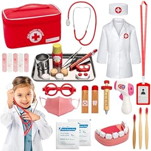 Sundaymot Doctors Set for Kids, 32 PCS Role Play Doctors Case, Children’s Wooden Play Set, Dentist Wood with Real Stethoscope, Thermometer, Dental Case, Red Medical Toy Gift for Girls Boys 3 4 5 Years