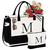 YOOLIFE Mothers Day Gifts - Personalized Mom Gifts Birthday Gifts Mother in Law Mothers Day Gifts for Mom Wife Her Embroidery Initial Beach Canvas Tote Bag & Makeup Bag M