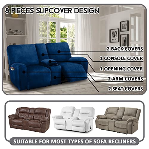 ULTICOR Reclining Love Seat with Middle Console Slipcover, 8-Piece Velvet Stretch Loveseat Reclining Sofa Covers, 2 seat Loveseat Recliner Cover, Thick, Soft, Washable, Loveseat Slipcovers (Navy)