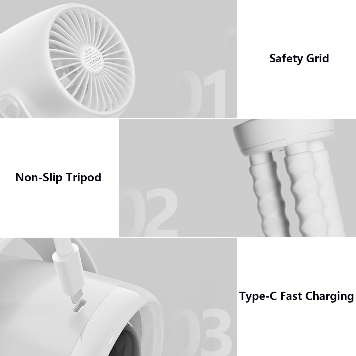 Petit Ventilateur de Poussette pour Bébé, Portable Ventilateur à Main/ de Bureau/ à Clip Silencieux Rechargeable USB pour Voiture Vélo Voyage BBQ, Rotation à 360°, 100 Vitesses, Veilleuse LED Black