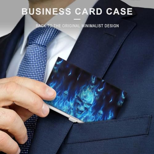 Blue Flame Skull Business Card Holder Slim Metal Case Pocket Wallet for Men Women3