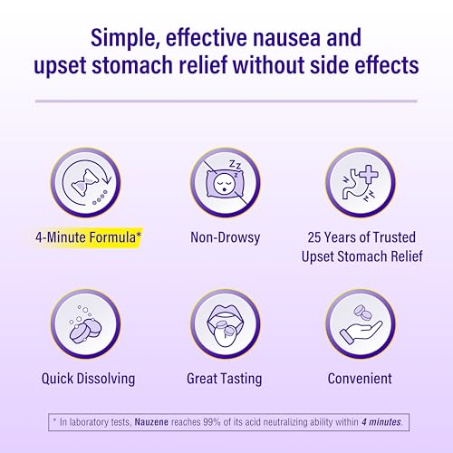 Image of Nauzene Non-Drowsy Upset Stomach & Nausea Relief Chewable Tablets | 4-Minute Formula | Doctor Recommended | Wild Cherry Flavor | 56 Count
