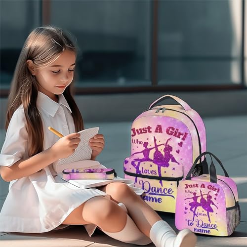 Custom Girls Backpack with Lunch Box Pencil Case, Dance Backpacks Matching Combo for Kids, Personalized Pink Bookbag and Lunch Bag Pencil Pouch Bundle, Back to School Gift2