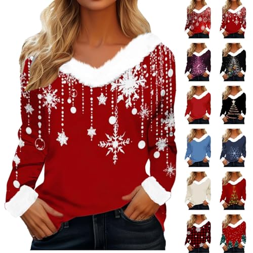 Weihnachtspulli Damen Langarm Leichtgewicht V-Ausschnitt Flauschige...