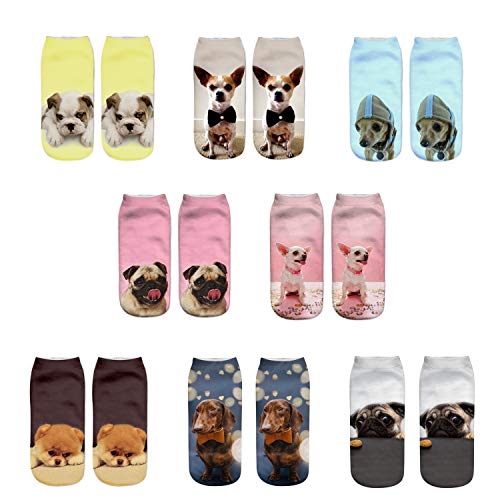 Inf-way 3D Print Casual Socks, Unisex Ankle Socks for Gift Party (Dogs 8 Pairs)