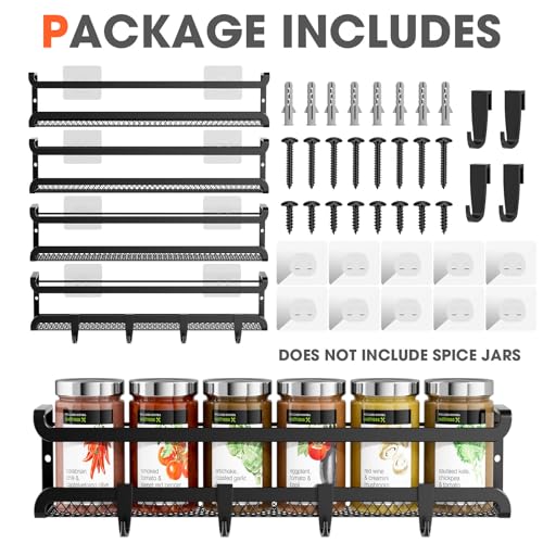 Spice Rack Wall Mounted 4 Pack, Inside Cupboard Spice Organiser with Moveable 4 Hooks, Adhesive and Screws – Seasoning Organizer for Kitchen Door Storage(Black) - Image 4