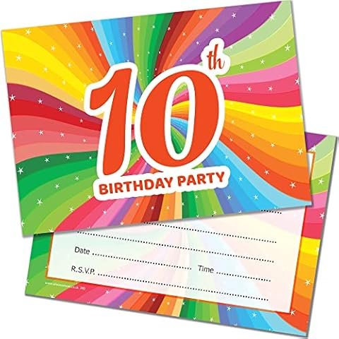 Olivia Samuel 20 x 10th Birthday Party Invitations. Children's Bright Unisex Style. Multipack of 20 Invites with Envelopes Cover