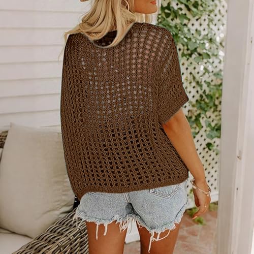 Womens Crochet Hollow Out Tops Summer Scoop Neck Short Sleeve Sweater Casual Cold Shoulder Loose Fit Knit Coverups3