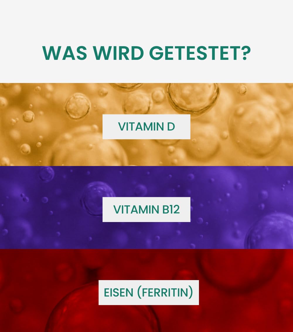 3in1 Nährstofftest für Zuhause | Vitamin D, Vitamin B12, Eisen (Ferritin) | Energie und Leistungsfähigkeit | Laboranalyse aus Flüssigblut | vollwertiger Labortest