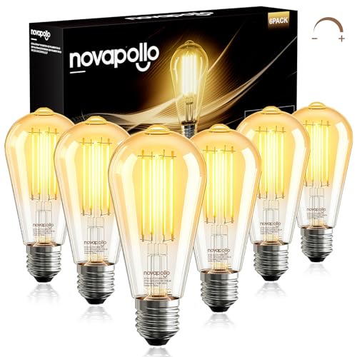 novapollo E27 Dimmable Bulb 8W (60W Equivalent) - ST64 Edison Screw Warm White 2700K Vintage Light, 806LM Clear Filament Decorative Bulbs, High CRI for Bedroom Living Room UK CA Certified (Pack of 6)