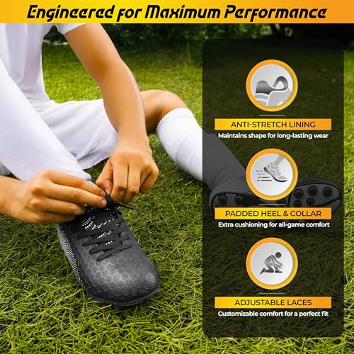 Vizari Stealth Firm Ground Soccer Cleats for Men & Women | Black Adult Football Shoes with Rubber Studs and Durable Synthetic Upper, Size - 6.5-13 (Unisex)3