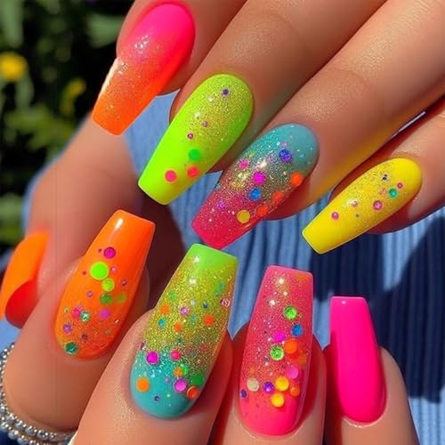 Summer Press on Nails Medium Coffin Fake Nails Gradient Colorful Polka Dot Press on False Nails Rainbow Glossy Full Cover Stick on Nail Reusable Artificial Glue on Nail for Women 24Pcs