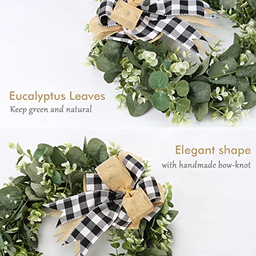 Dremisland 16" 40cm Spring Door Wreath for Front Door Artificial Eucalyptus Wreath Plaid Bow Faux Green Wreath Garland Easter Decor for Indoor Outdoor Window Porch Farmhouse Wall Garden - Image 4