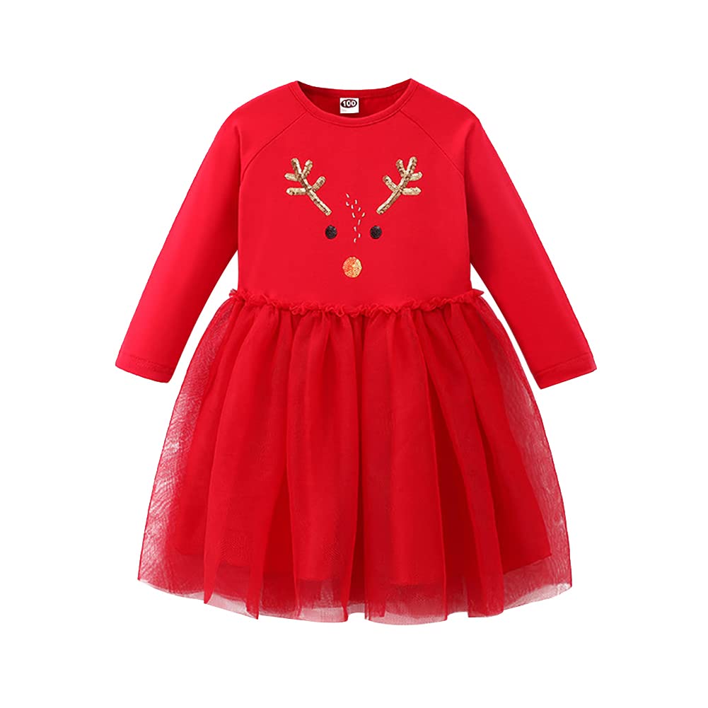 IMEKIS Vestito di Natale per bambina, con renna, fiocco di neve, costume di Natale, principessa, in tulle, tutù, in cotone, a maniche lunghe, autunno, inverno, con fascia