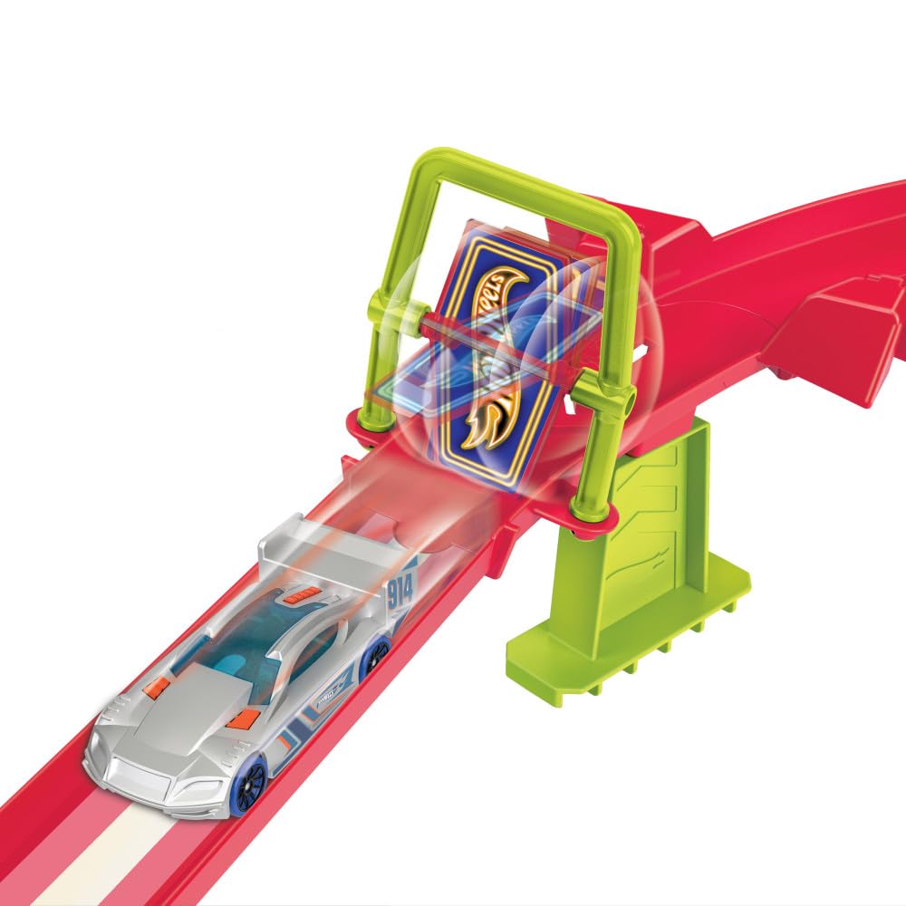 Hot Wheels Track Set, Hot Wheels Neon Race Multi Race zestaw do śledzenia emocji, 1 sztuka samochodu, zmotoryzowany akcelerator, gra z jednym lub kilkoma samochodami, przechowywanie zabawek, HPC07