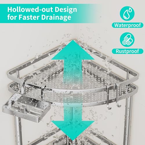 Image of HapiRm Standing Corner Shower Caddy - 3 Tier Shower Organizer Corner with Soap Holder and 4 Hooks, Rustproof Bathroom Storage Shelves with Adhesives, Silver