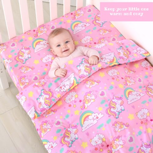Image of JISEN 3 Piece Crib Bedding Set Soft Baby Unicorns Crib Comforter Set with Comforter, Sheet, Pillowcase - Nursery Bedding for Boys or Girls Pink
