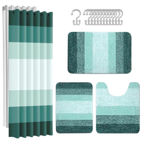 Britimes Bathroom Sets with Shower Curtain and Rugs Set of 4 Teal Striped