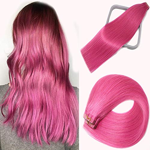 Tape in Hair Extensions Pink 100% Remy Human Hair Extensions Silky Straight for Fashion Women 20 Pcs/Package(18Inch #Pink 40g)