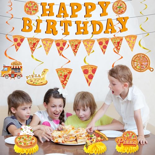 Image of Pizza Birthday Party Decorations, Happy Birthday Banners Hanging Swirls and Honeycomb Centerpieces Decor, Pizza Themed Ceiling Table Decoration Supplies