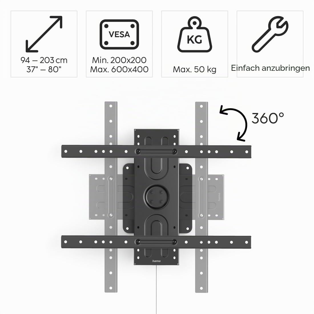 Hama TV Wandhalterung, für Hoch- und Querformat (TV Wandhalterung 37-80 Zoll, VESA 200x200 bis VESA 600x400, bis 50kg, 360° drehbar, für den öffentlichen Raum geeignet, mit Fischer-Dübeln) schwarz