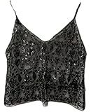 Women V Neck Sequin Cami Top Sexy See Through Strape Camisole Cute Beaded Top Going Out Party Outfits (US, Alpha, One Size, Regular, Regular, Black)