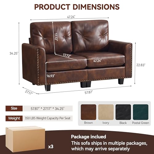 Image of 47.2 inch Faux Leather Modular Sectional Loveseat Couch, Vintage PU Leather 2 Seater Sofa with Nailhead Trim, Mid Century Modern Tufted Love seat Couches for Living Room, Bedroom, Office, Brown